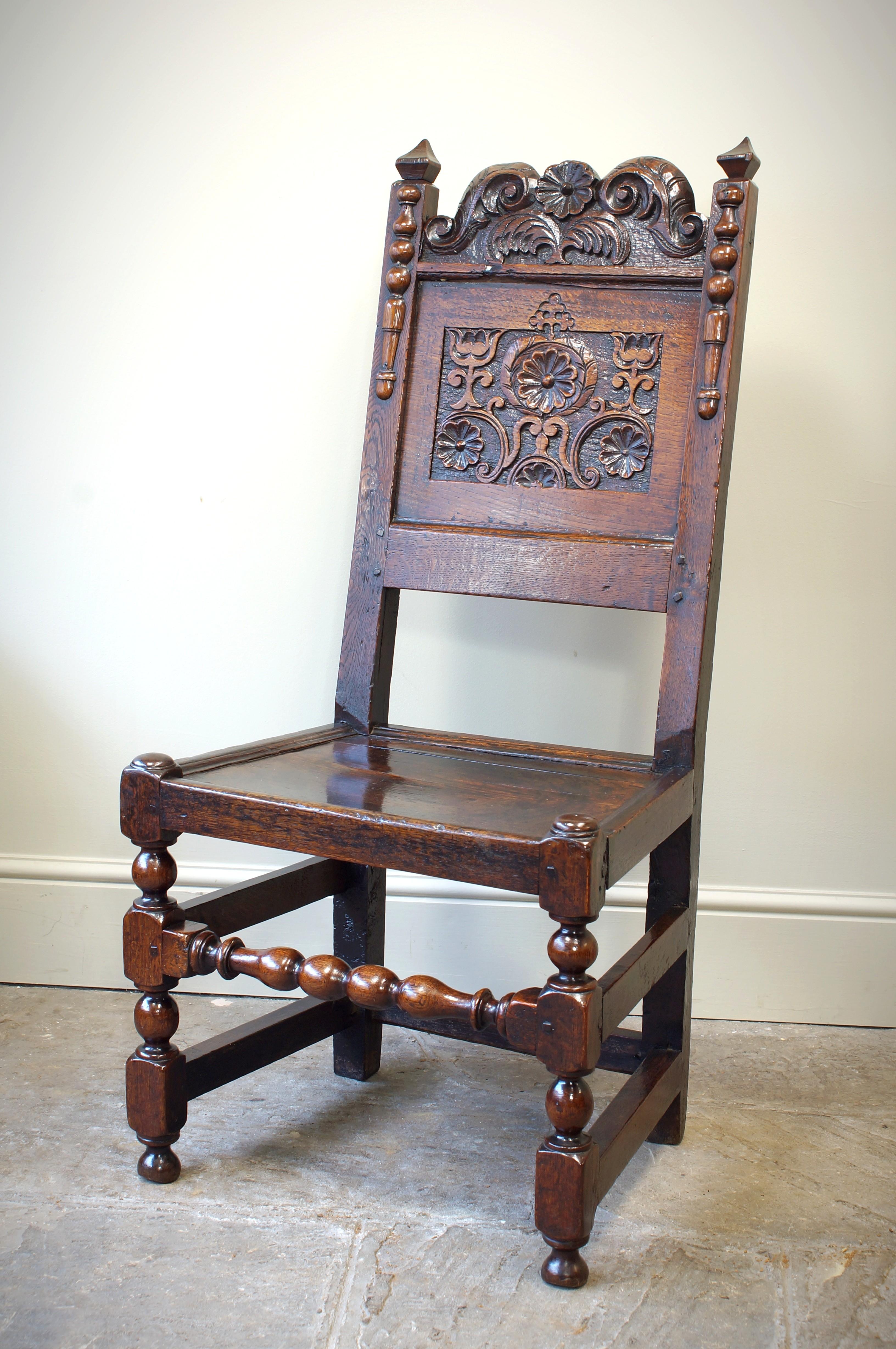 English 17th Century Oak Lancashire Side Chair/ Back stool. For Sale
