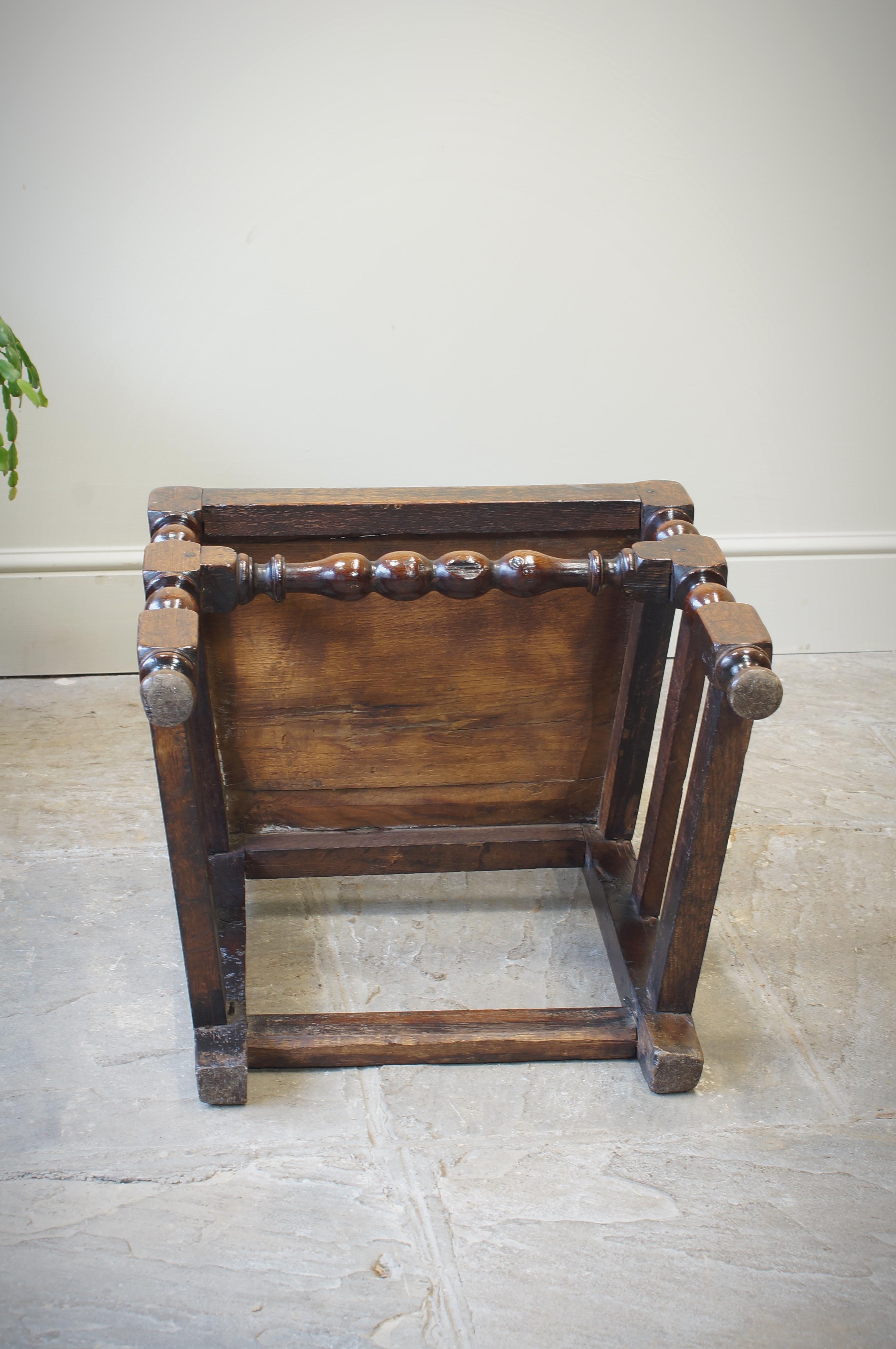 Carved 17th Century Oak Lancashire Side Chair/ Back stool. For Sale