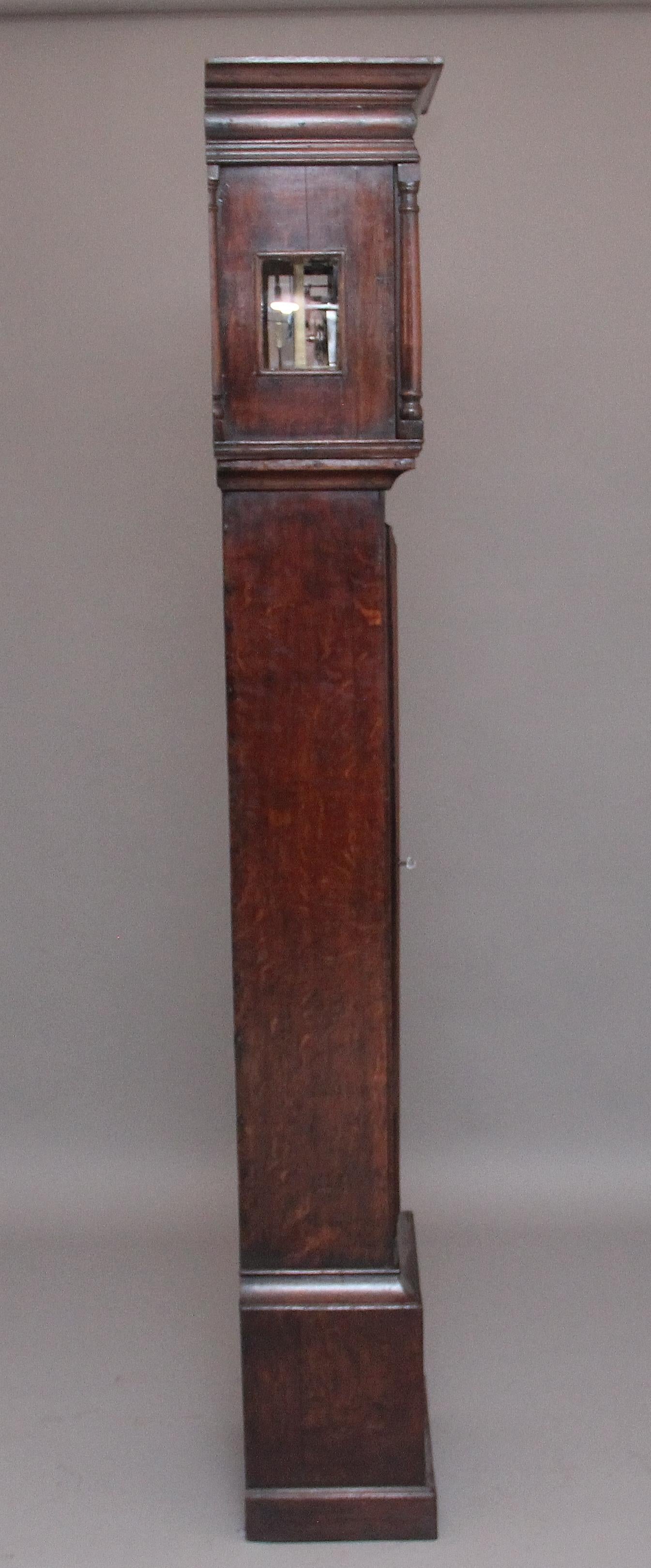 A very rare late 17th century 24 hour oak cased striking longcase clock by the prominent maker Thomas White of Fairford. The cross plated movement has been sympathetically restored and is guaranteed in good working order, the brass dial is in aged