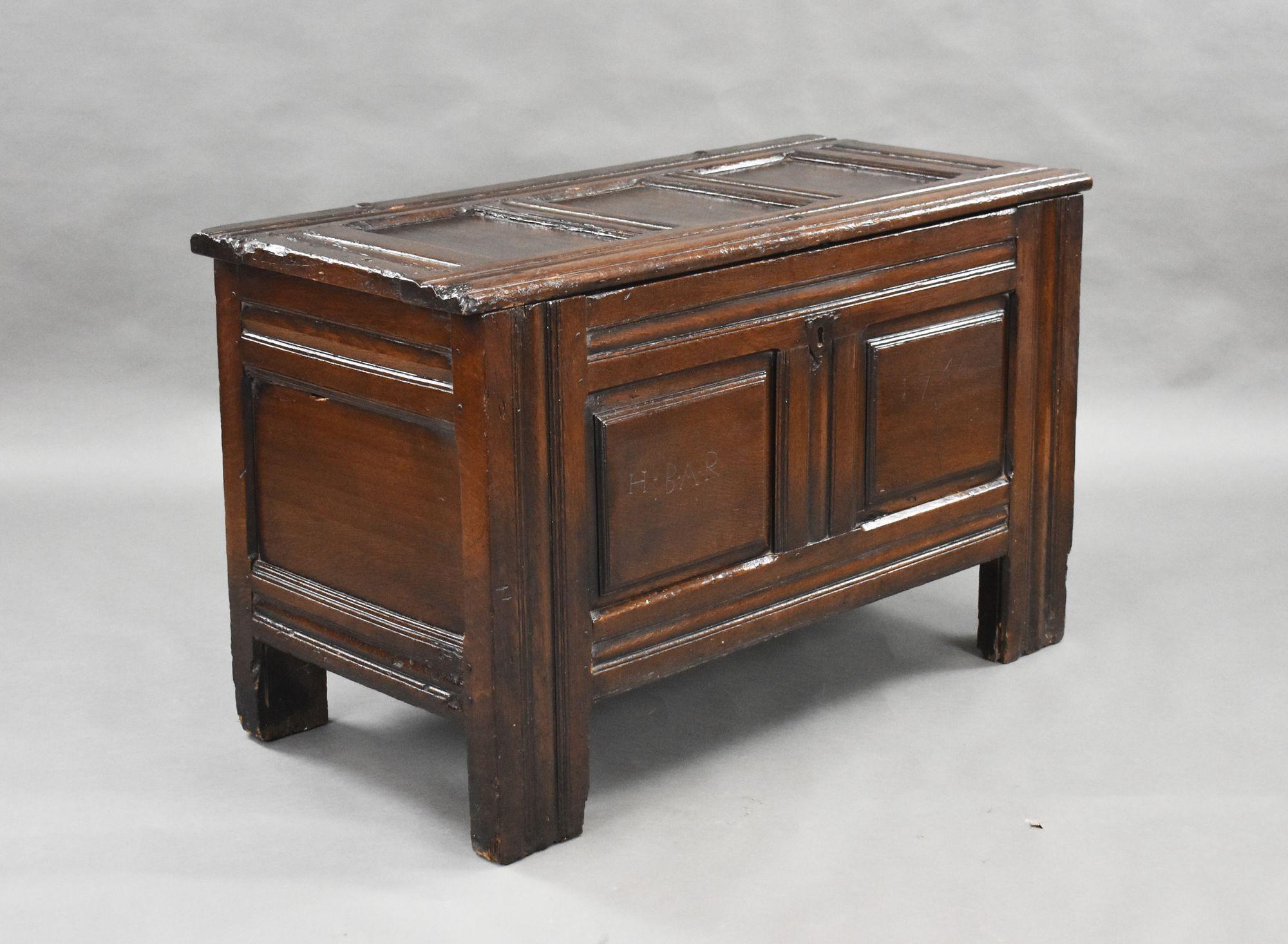 For sale is a good quality mid 17th century oak marriage chest, having a three panel top with raised and fielded panels to the front, with a carved date of 1744 and the initials H.B.A.R, probably to commemorate a marriage.

Width: 118cm Depth: 57cm