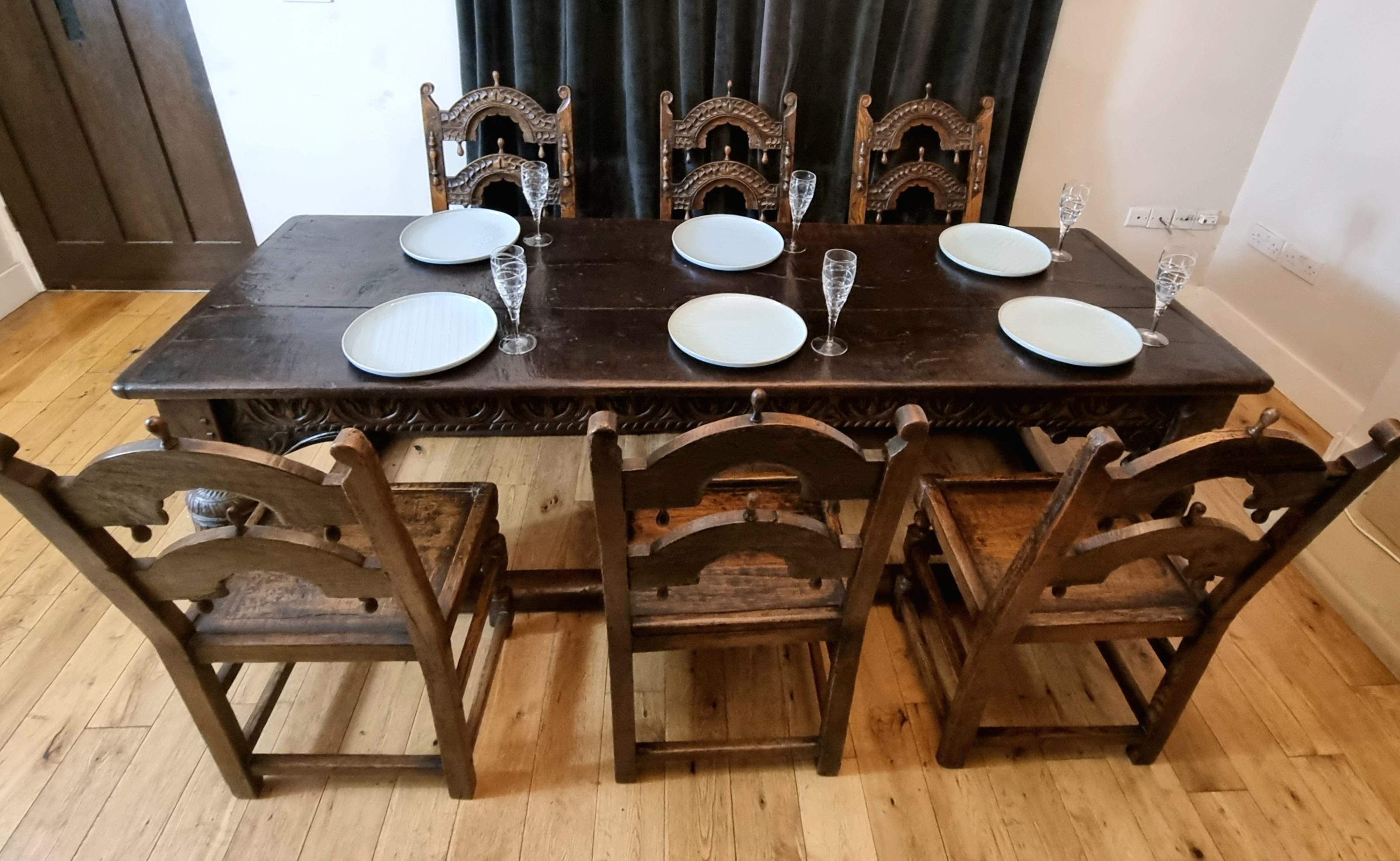 Elizabethan 17th Century Oak Refectory Table and Six 17th Century Oak Dining Chairs
