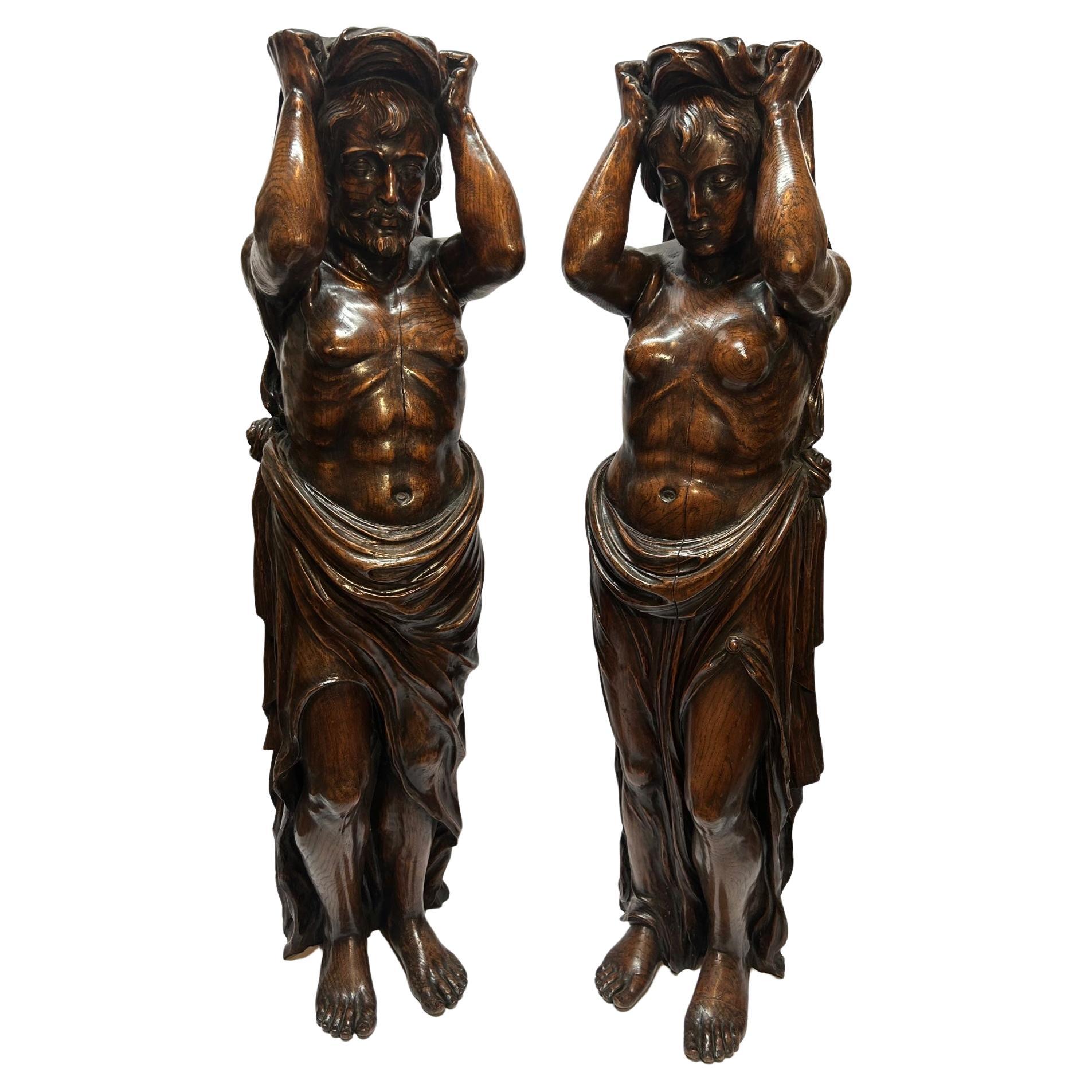 17th Century Oak Sculptures Cariatides For Sale