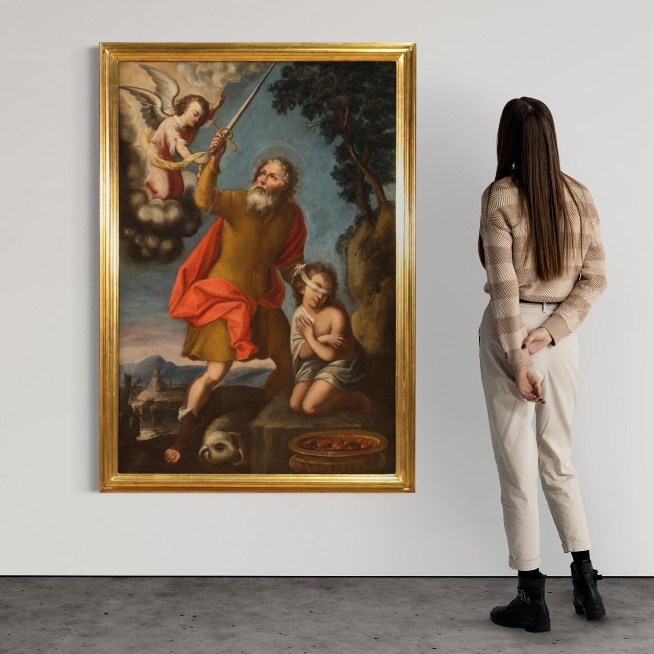 Antique Italian painting from the 17th century. Artwork oil on canvas depicting a biblical subject, Sacrifice of Isaac, of good pictorial quality. Painting of great size and impact, adorned with a 20th century wooden frame, finely carved and gilded.