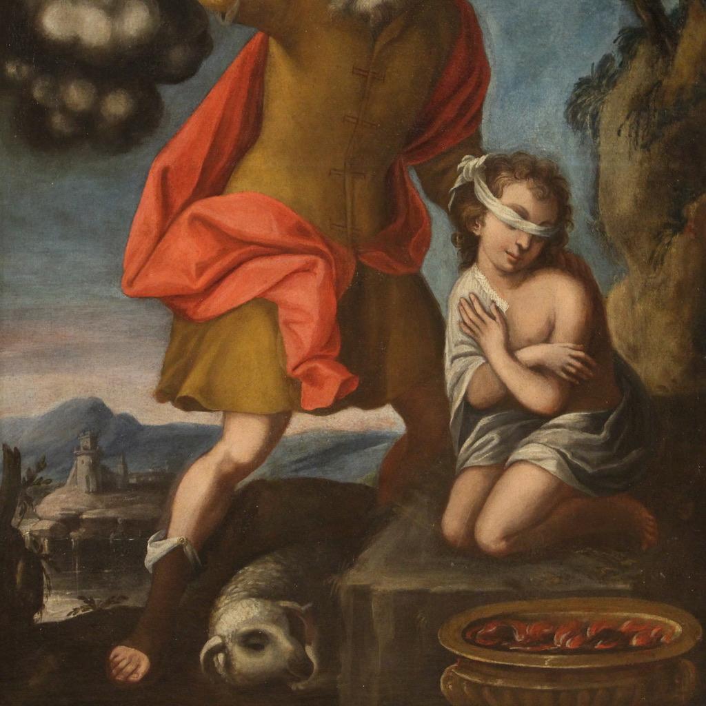 17th Century Oil Canvas Antique Religious Italian Painting Sacrifice Isaac, 1660 In Good Condition For Sale In Vicoforte, Piedmont