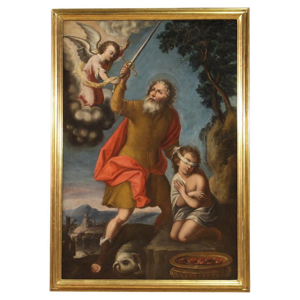 17th Century Oil Canvas Antique Religious Italian Painting Sacrifice Isaac, 1660 For Sale