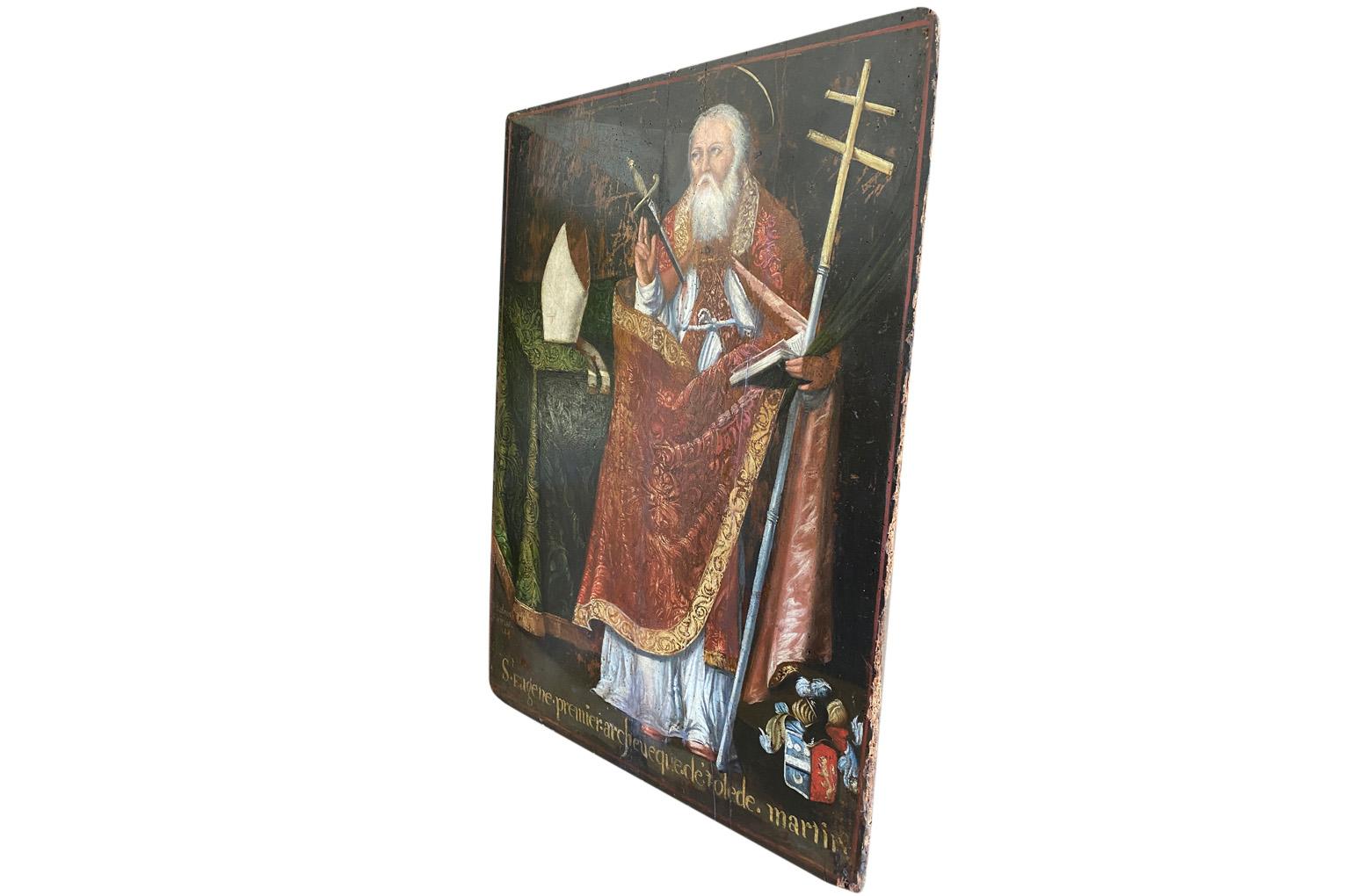 A very beautiful early 17th century oil on board painting of Saint Eugene - The Archbishop Of Toledo, Spain. Wonderful brushwork and intricate detail. Fabulous patina.