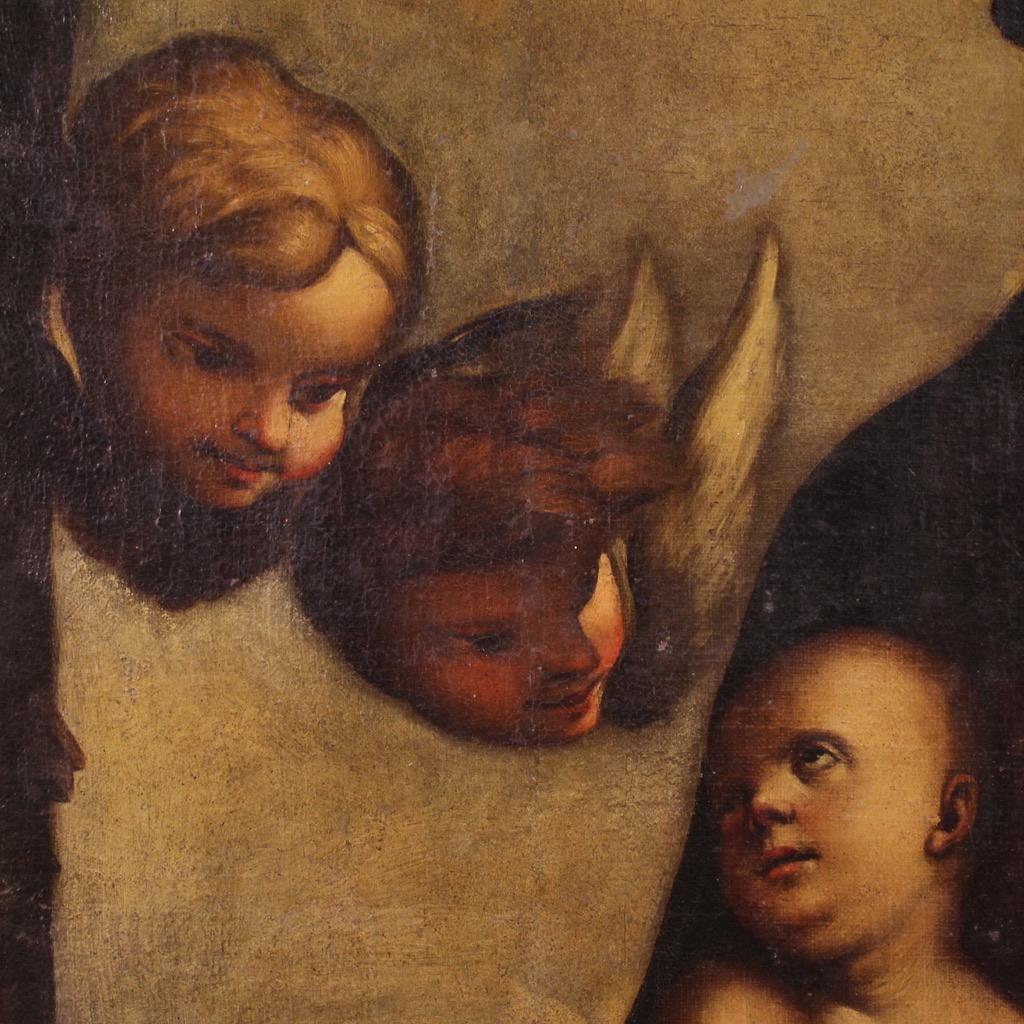 retable à l'huile sur toile du 17e siècle - Madone à l'enfant et aux chérubins en vente 4
