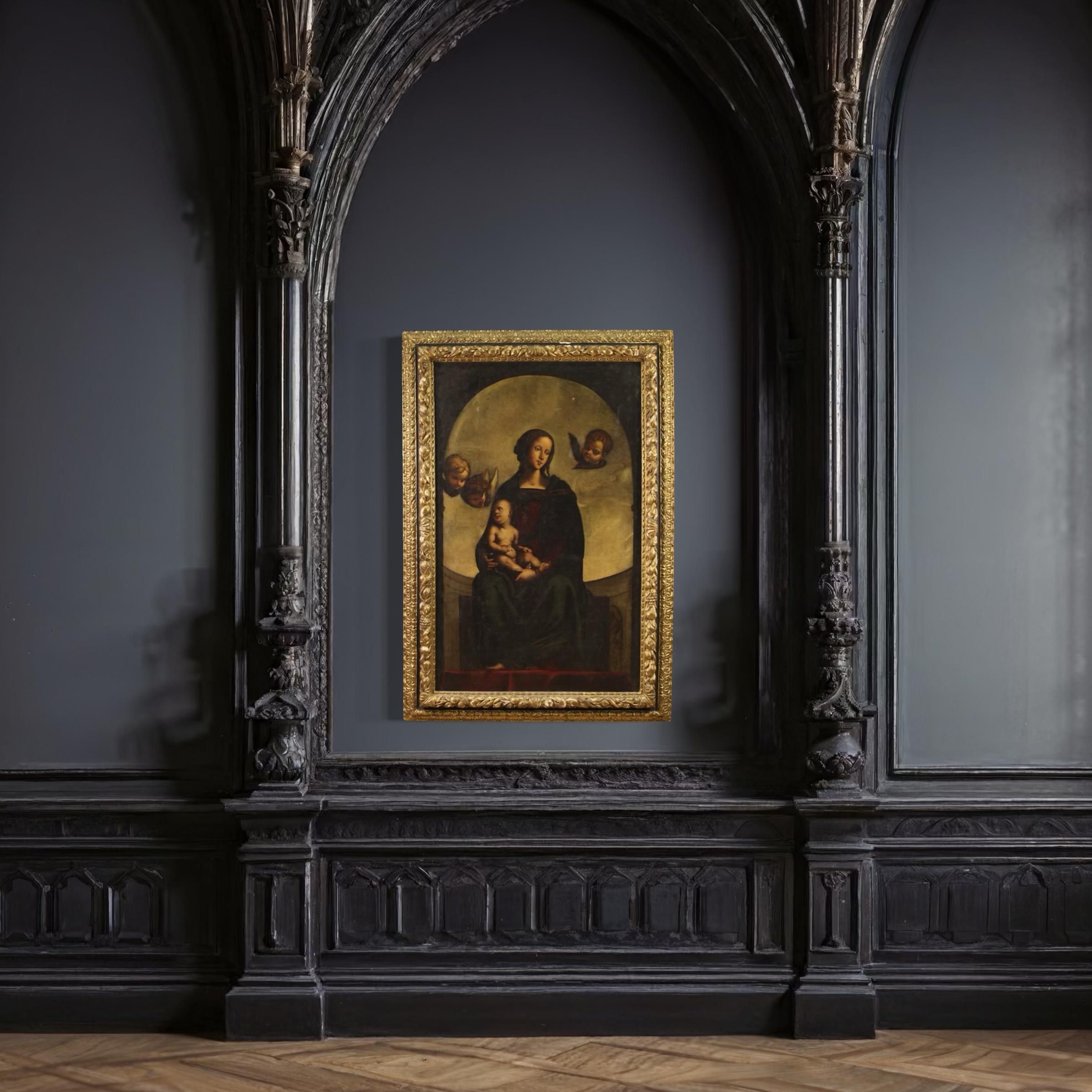 retable à l'huile sur toile du 17e siècle - Madone à l'enfant et aux chérubins en vente 6