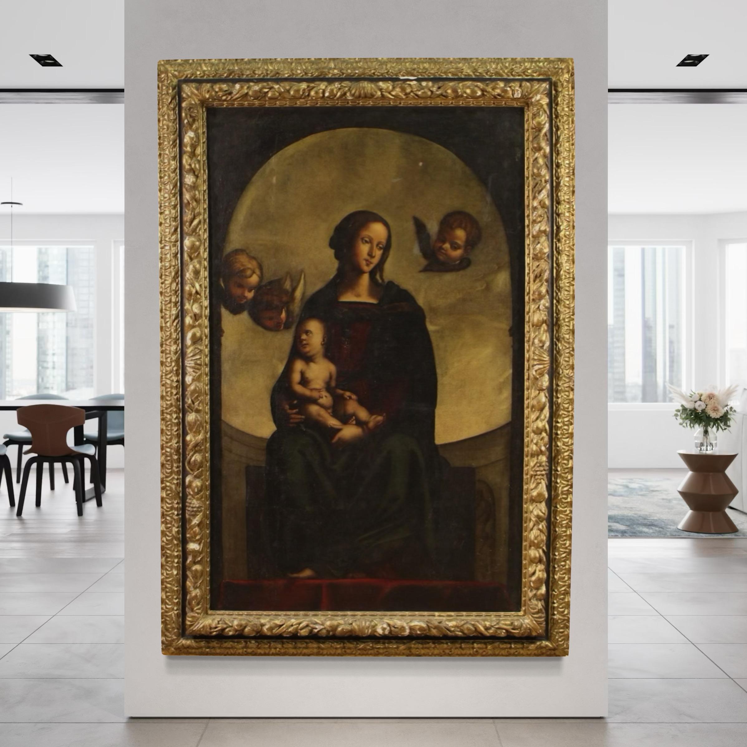 retable à l'huile sur toile du 17e siècle - Madone à l'enfant et aux chérubins en vente 7