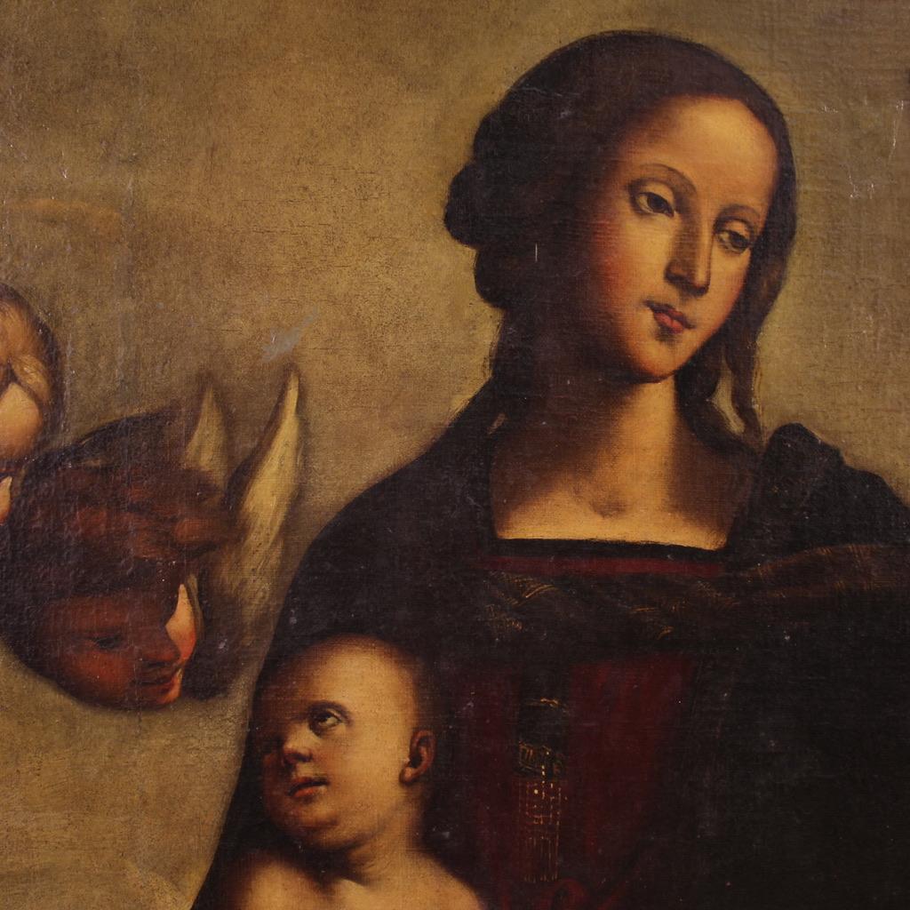 retable à l'huile sur toile du 17e siècle - Madone à l'enfant et aux chérubins en vente 8
