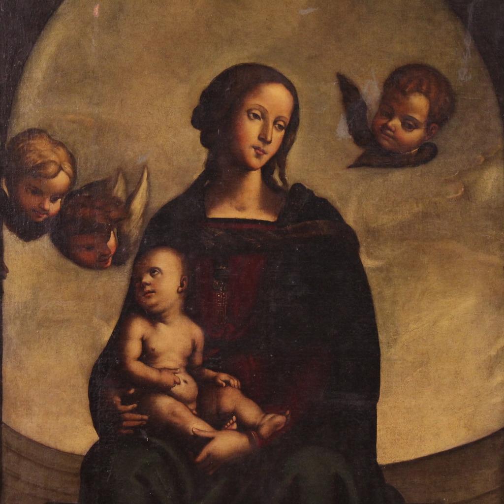Italian retable à l'huile sur toile du 17e siècle - Madone à l'enfant et aux chérubins en vente