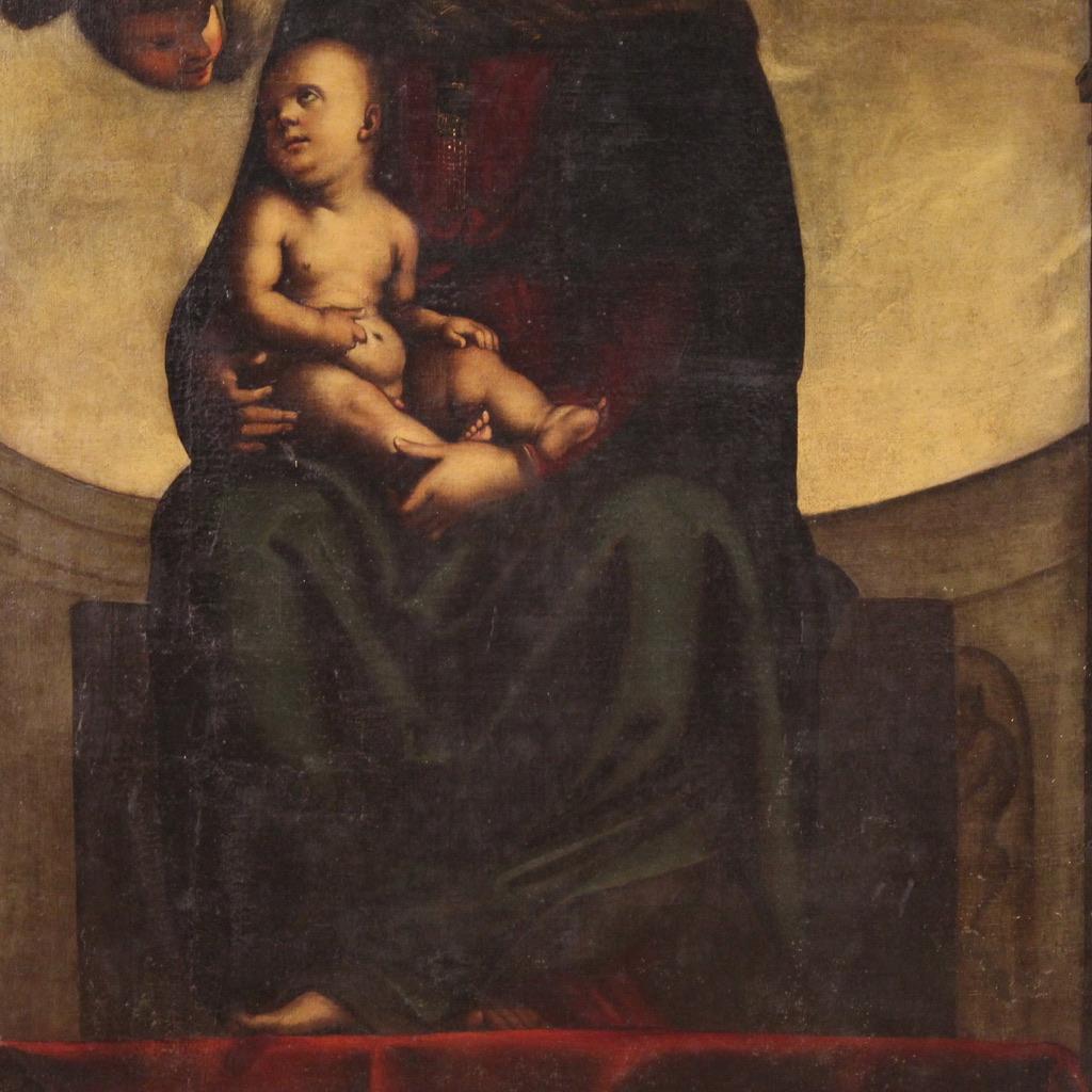 Late 17th Century retable à l'huile sur toile du 17e siècle - Madone à l'enfant et aux chérubins en vente