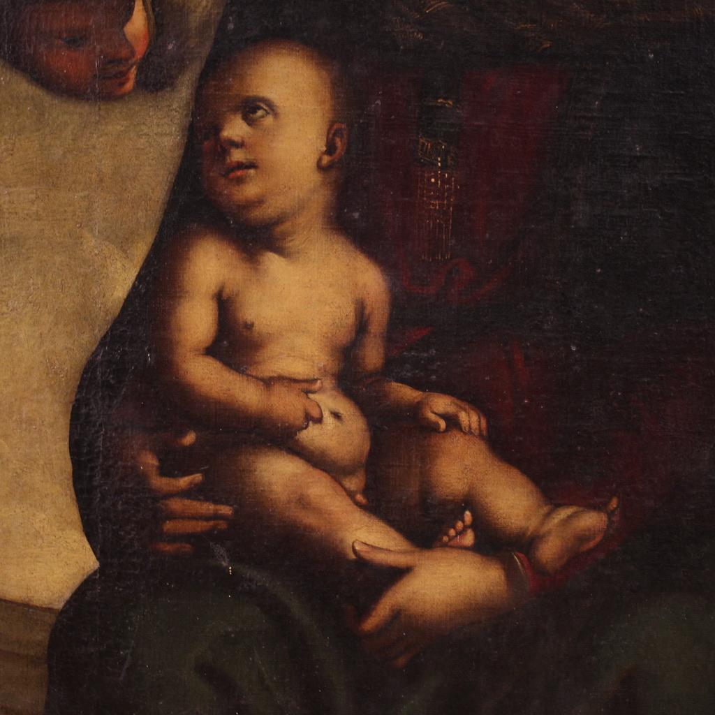 Toile retable à l'huile sur toile du 17e siècle - Madone à l'enfant et aux chérubins en vente