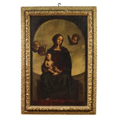 17th Century Oil on Canvas Altarpiece Painting Madonna with Child and Cherubs