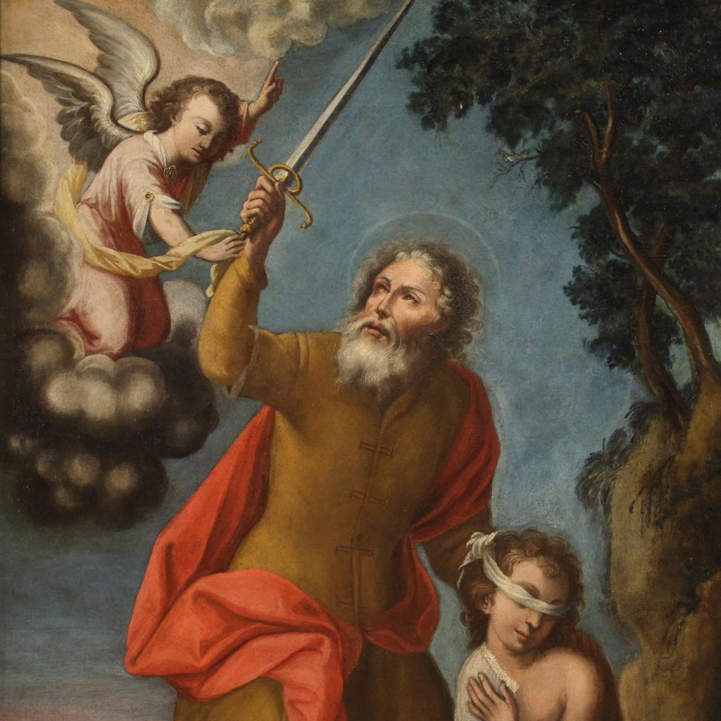 Antique Italian painting from the 17th century. Artwork oil on canvas depicting a biblical subject, Sacrifice of Isaac, of good pictorial quality. Painting of great size and impact, adorned with a 20th century wooden frame, finely carved and gilded.