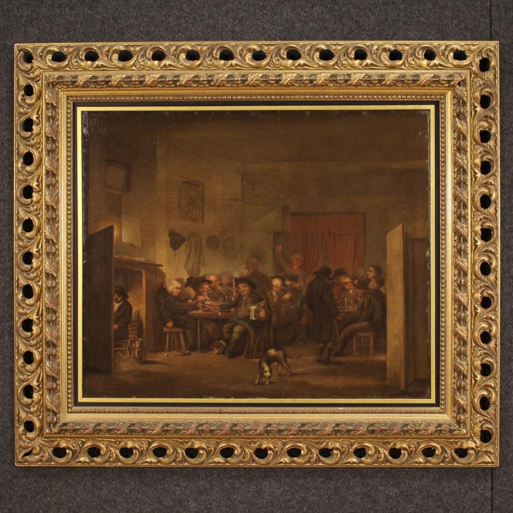 Antique Flemish painting from the 17th century. Work oil on canvas depicting an interior scene of a tavern of excellent pictorial quality. Very pleasant painting rich in decorative elements and candlelit characters. Framework adorned with a modern