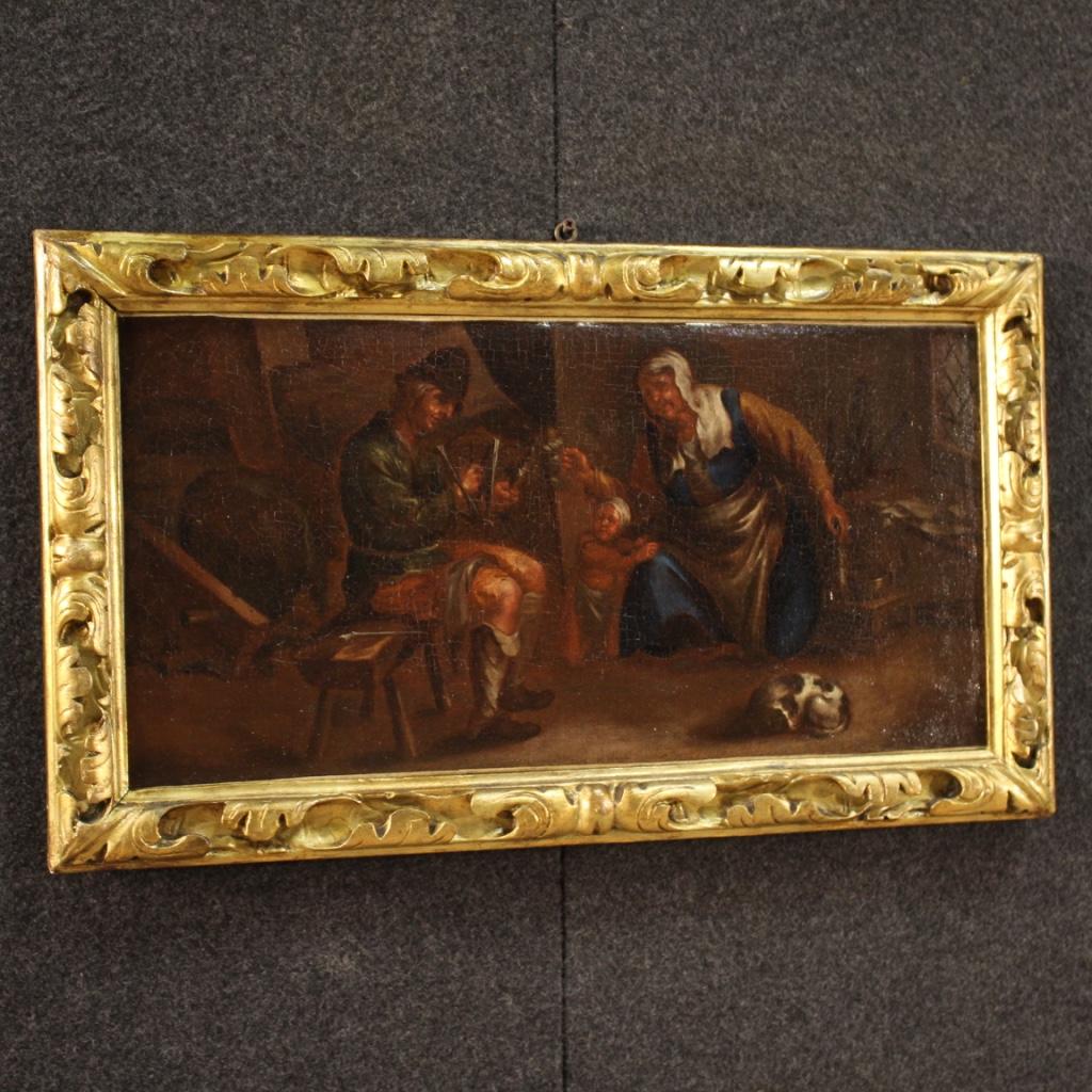17th Century Oil on Canvas Antique Flemish Painting Family Interior Scene, 1650 1