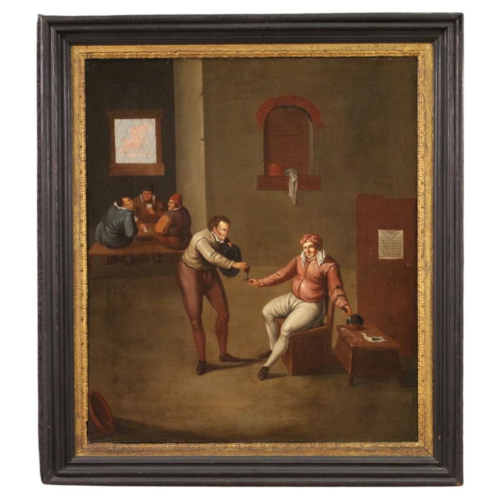 17th Century Oil on Canvas Antique Flemish Painting Interior Scene, 1670