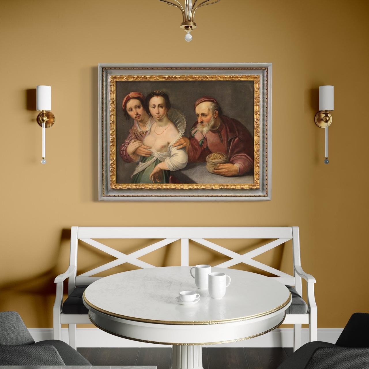 Great Flemish painting from the first half of the 17th century. Oil on canvas artwork depicting the allegory of love, of remarkable pictorial quality. Painting attributable to the Dutch painter Cornelis Van Haarlem (1562-1638), lacking