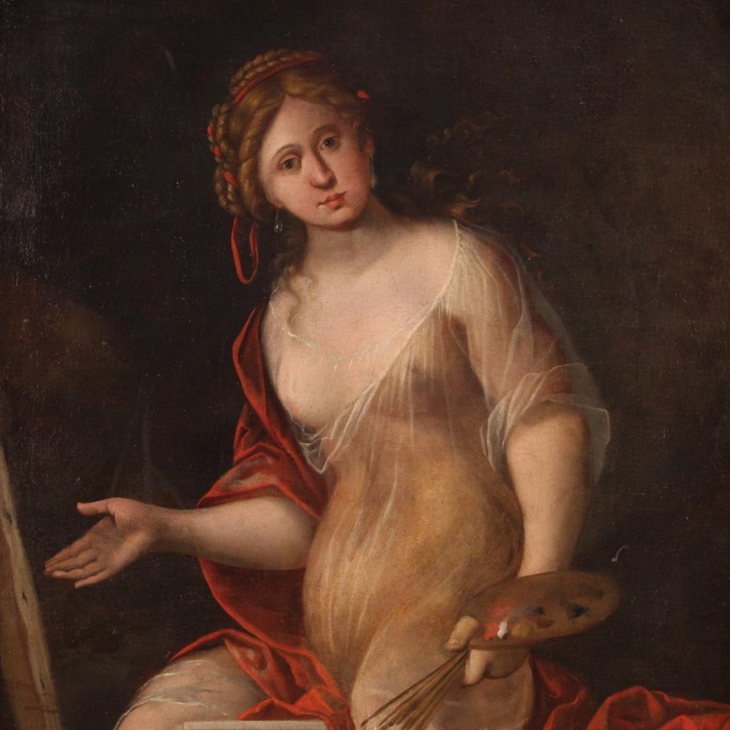 Antique Italian 17th century painting depicting the allegory of painting. Subject of exceptional pictorial quality in life size, of considerable scenographic impact. Extraordinary was the painter's ability to represent the transparency of the