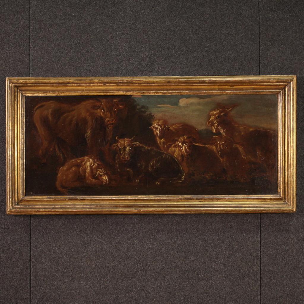 Antique Italian painting from the second half of the 17th century. Artwork oil on canvas depicting a particular subject Grazing animals of good pictorial quality in the style of Rosa da Tivoli. Painting that develops horizontally, of interesting