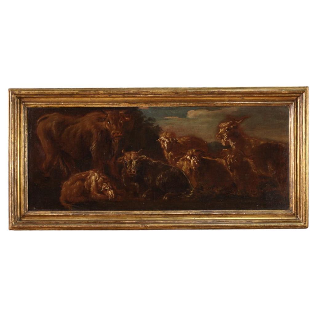 17th Century Oil on Canvas Antique Italian Painting Landscape with Animals, 1680 For Sale