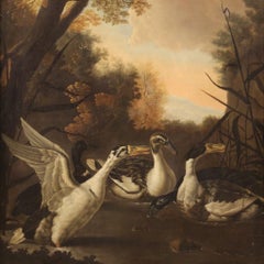 17th Century Oil on Canvas Antique Italian Painting Landscape with Ducks, 1680