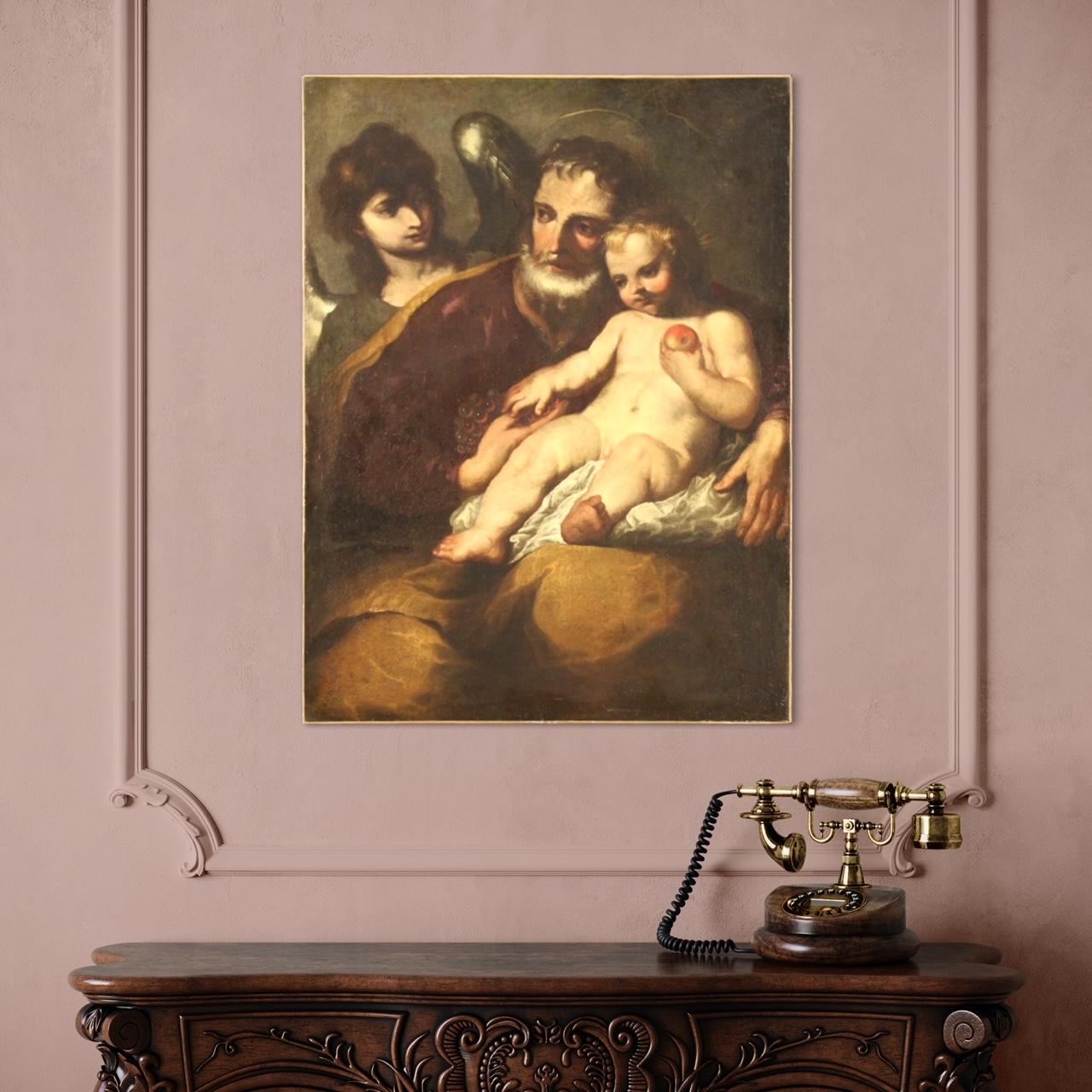 17th Century Oil on Canvas Antique Italian Painting Saint Joseph with Child 1650 12