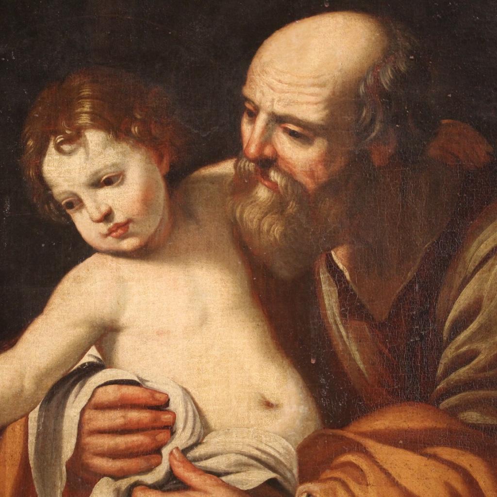 17th Century Oil on Canvas Antique Italian Painting Saint Joseph with Jesus 1650 1