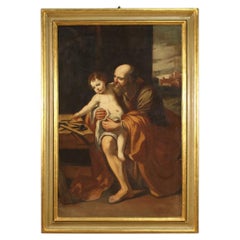 17th Century Oil on Canvas Antique Italian Painting Saint Joseph with Jesus 1650