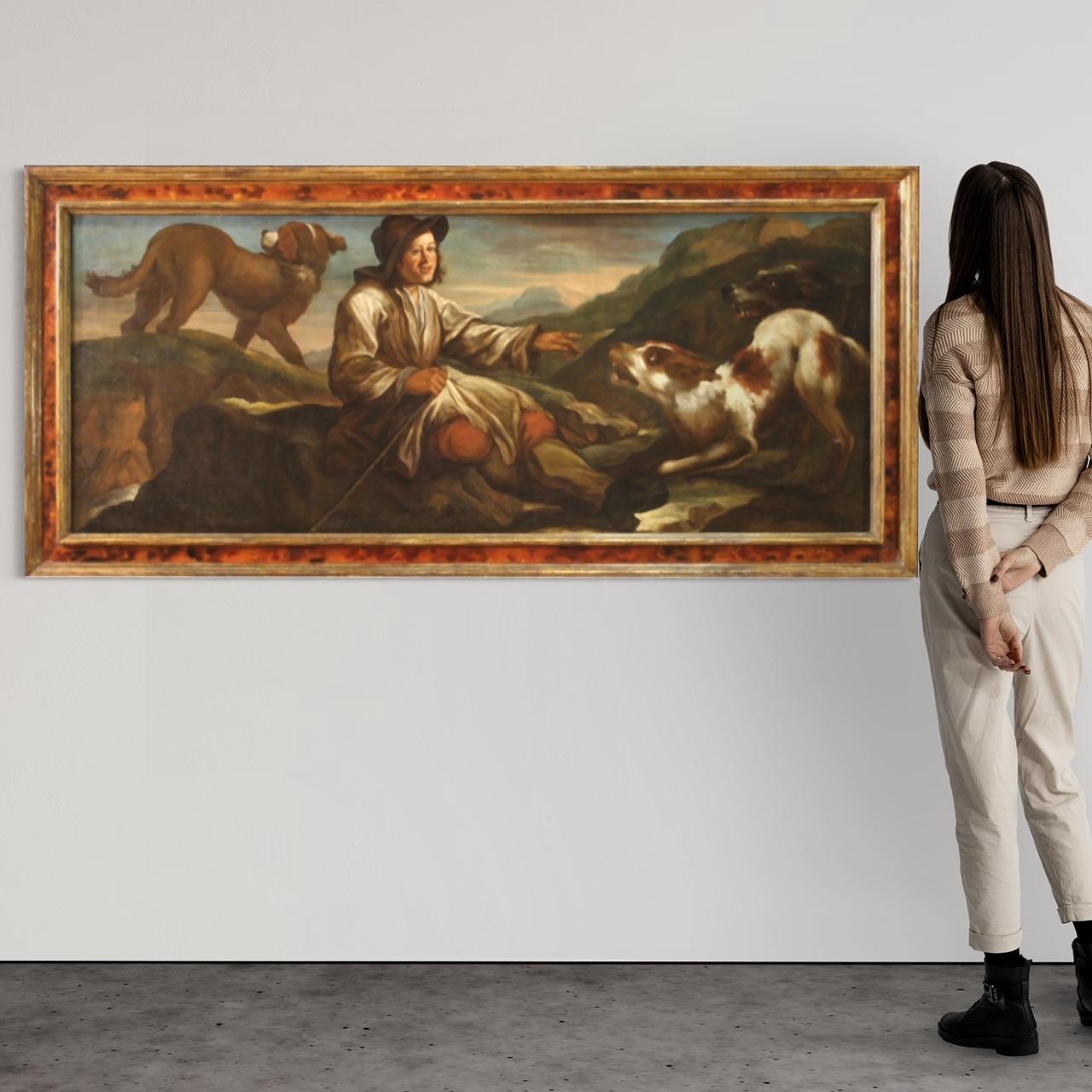 Antique Lombard painting of the 17th century. Oil painting on canvas of considerable size depicting a shepherd with his dogs immersed in a countryside landscape. Painting of great pictorial quality, the mastery with which the painter has represented