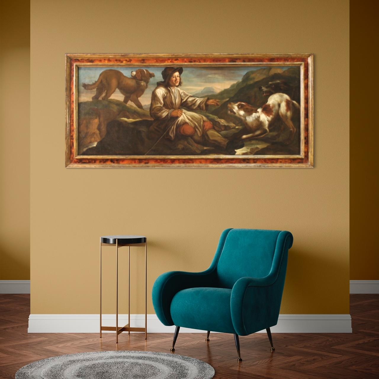 Huilé 17th Century Oil on Canvas Antique Italian Painting Shepherd with his Dogs en vente