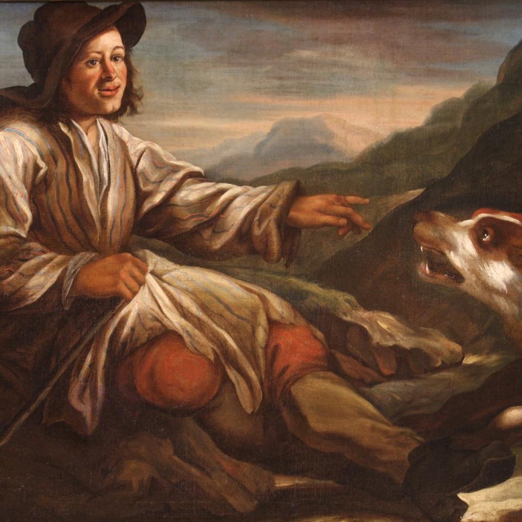 18th Century and Earlier 17th Century Oil on Canvas Antique Italian Painting Shepherd with his Dogs en vente