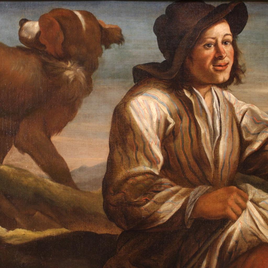 17th Century Oil on Canvas Antique Italian Painting Shepherd with his Dogs en vente 1