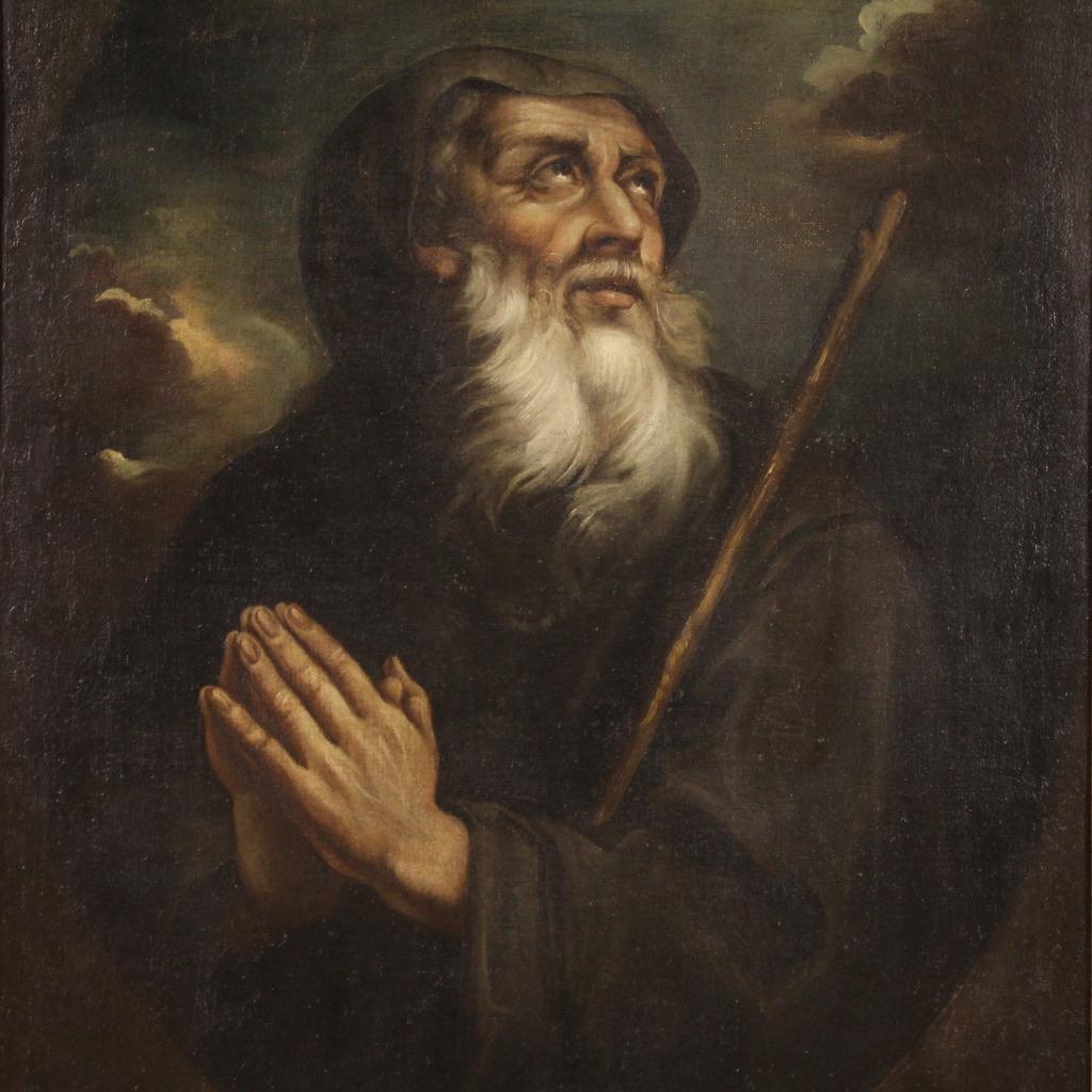 Ancient Italian painting from the second half of the 17th century. Oil on canvas artwork depicting the religious subject of Saint Francis of Paola of excellent pictorial quality. Painting of beautiful size and proportion adorned with an ancient,