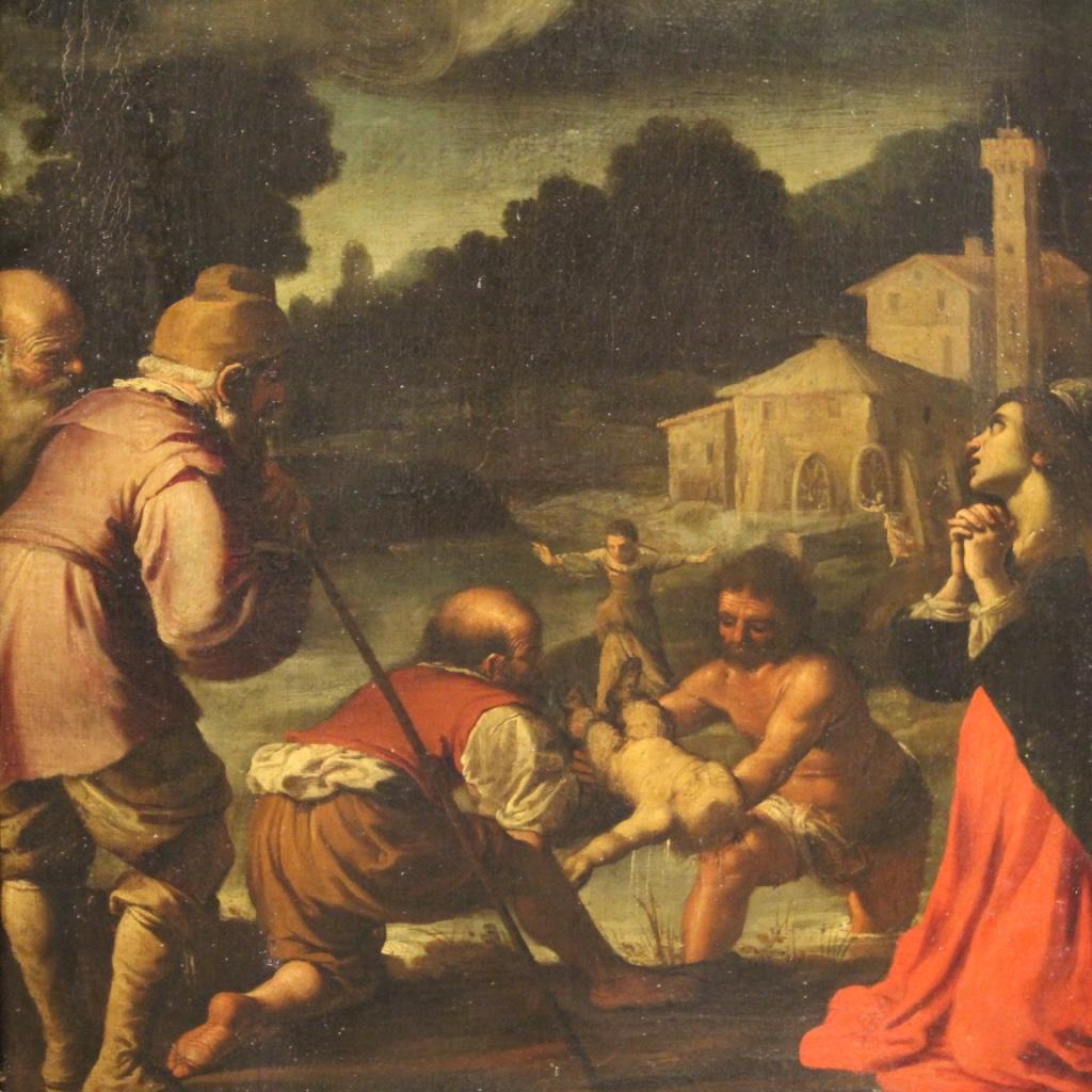 Antique Italian painting from 17th century. Oil on canvas framework depicting a religious subject Miracle scene (under study). Nice size painting of excellent pictorial quality for antique dealers, interior decorators and collectors of antique