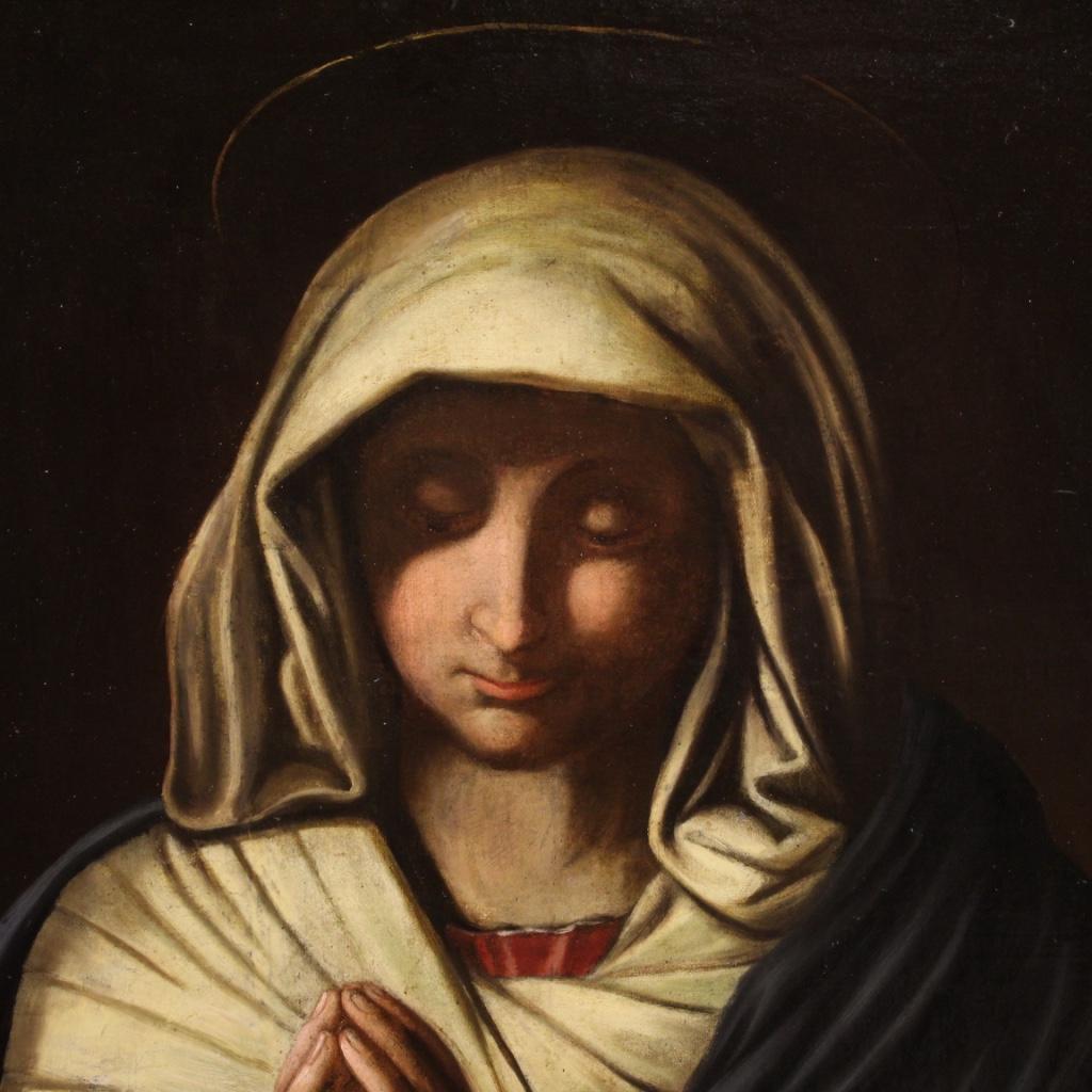 Oiled 17th Century Oil on Canvas Antique Italian Religious Painting Praying Virgin For Sale