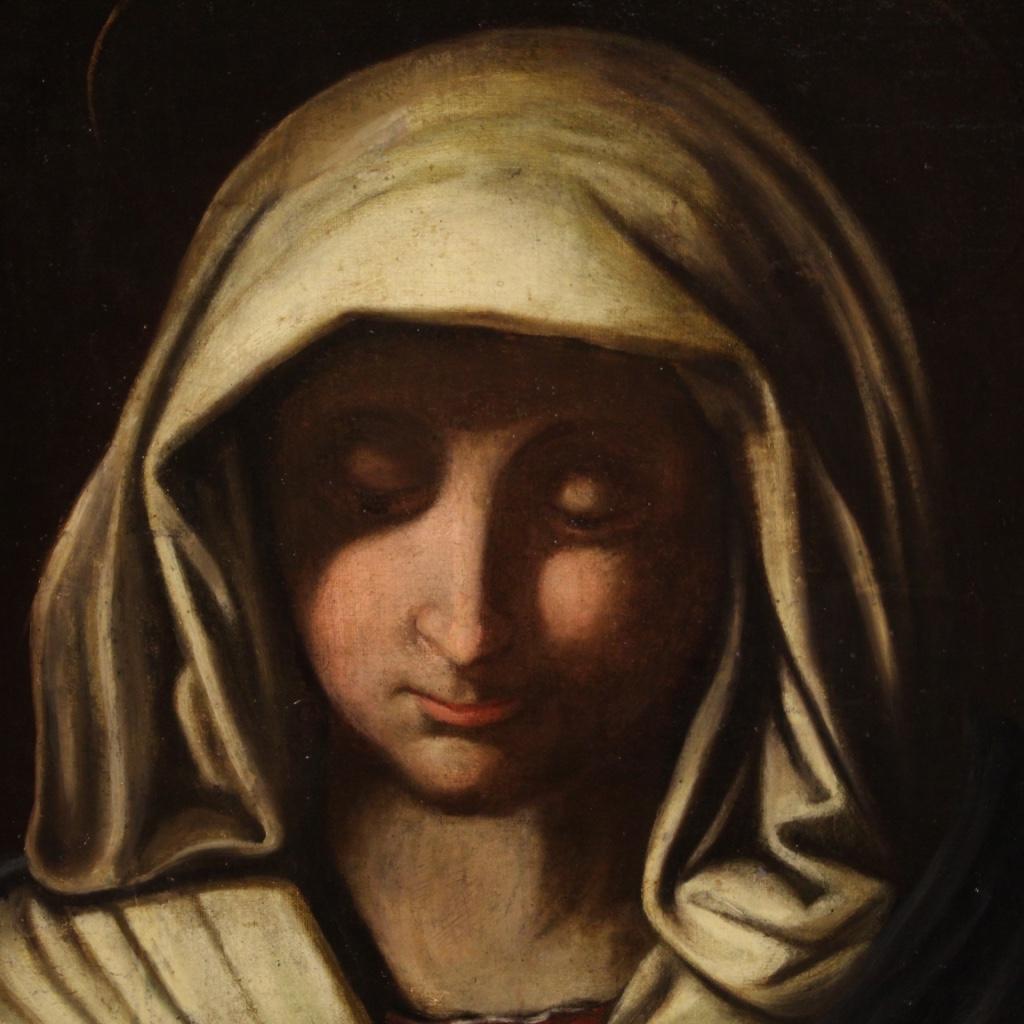 17th Century Oil on Canvas Antique Italian Religious Painting Praying Virgin For Sale 2