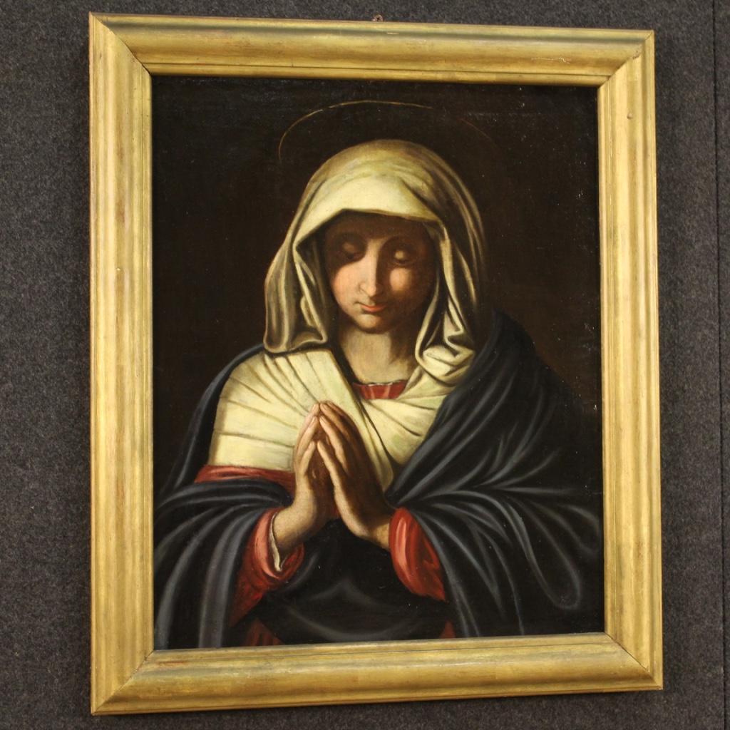 17th Century Oil on Canvas Antique Italian Religious Painting Praying Virgin For Sale 4