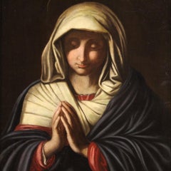 17th Century Oil on Canvas Antique Italian Religious Painting Praying Virgin