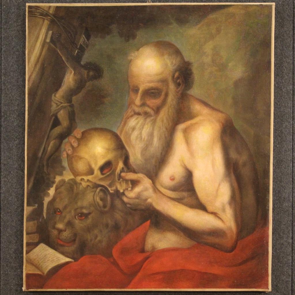 Antikes italienisches Gemälde aus dem späten 17. Jahrhundert. Kunstwerk Öl auf Leinwand, das ein religiöses Thema Saint Jerome von guter malerischer Qualität darstellt. Schöne Größe und große Wirkung Gemälde, für Antiquitätenhändler,