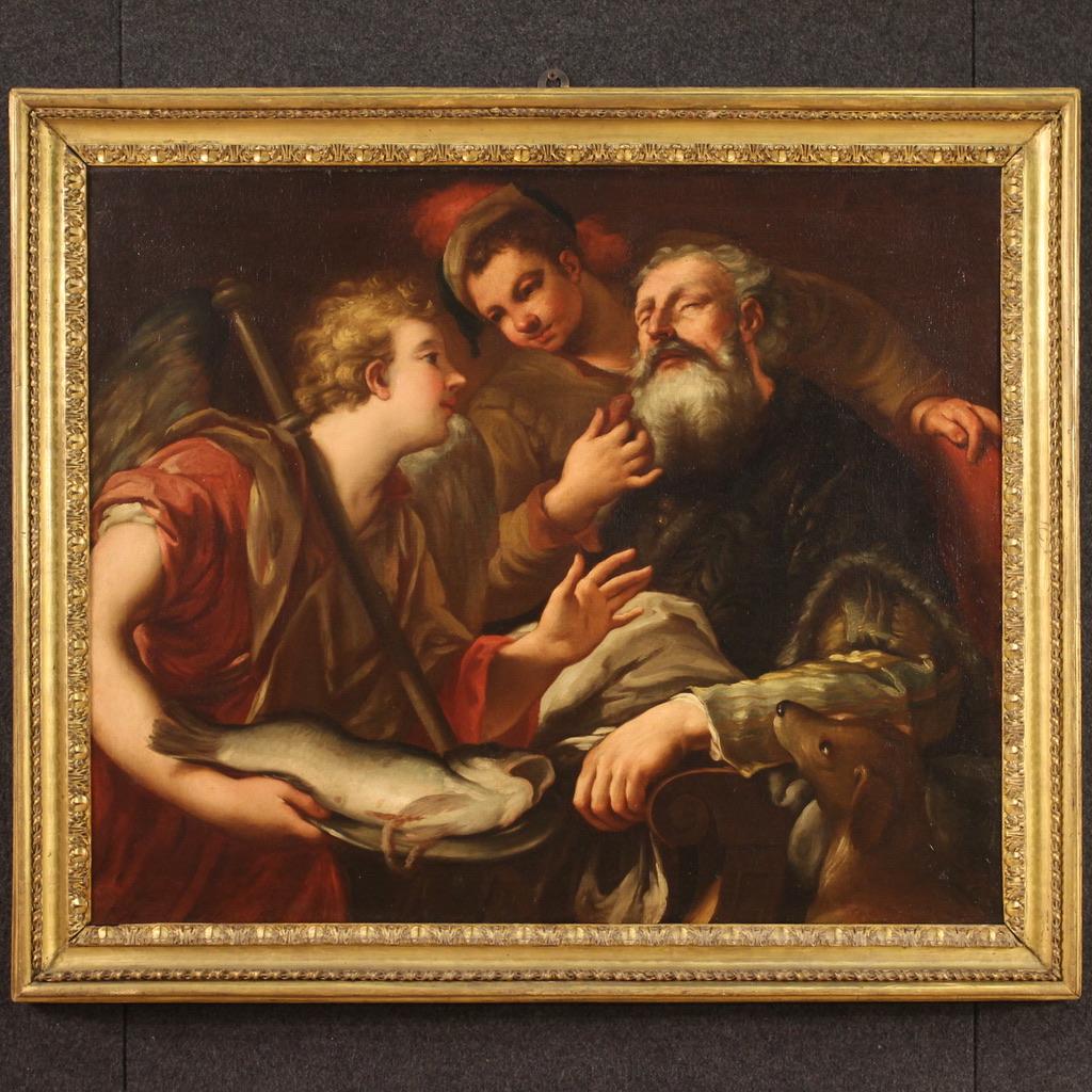 Antique Italian painting from the second half of the 17th century. Framework oil on canvas depicting a biblical subject Tobiolo restores his father Tobias' sight of excellent pictorial quality. Framework of beautiful size and proportion adorned with