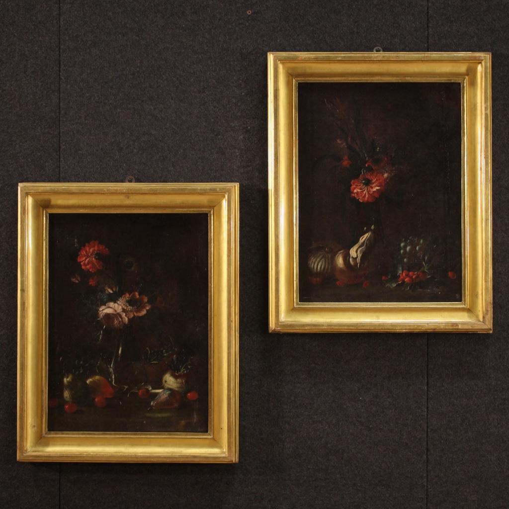Antique Italian painting from the 17th century. Framework oil on canvas depicting still life Vase with flowers, fruit and vegetables of excellent pictorial quality. Small framework, for antique dealers, interior decorators and collectors of ancient