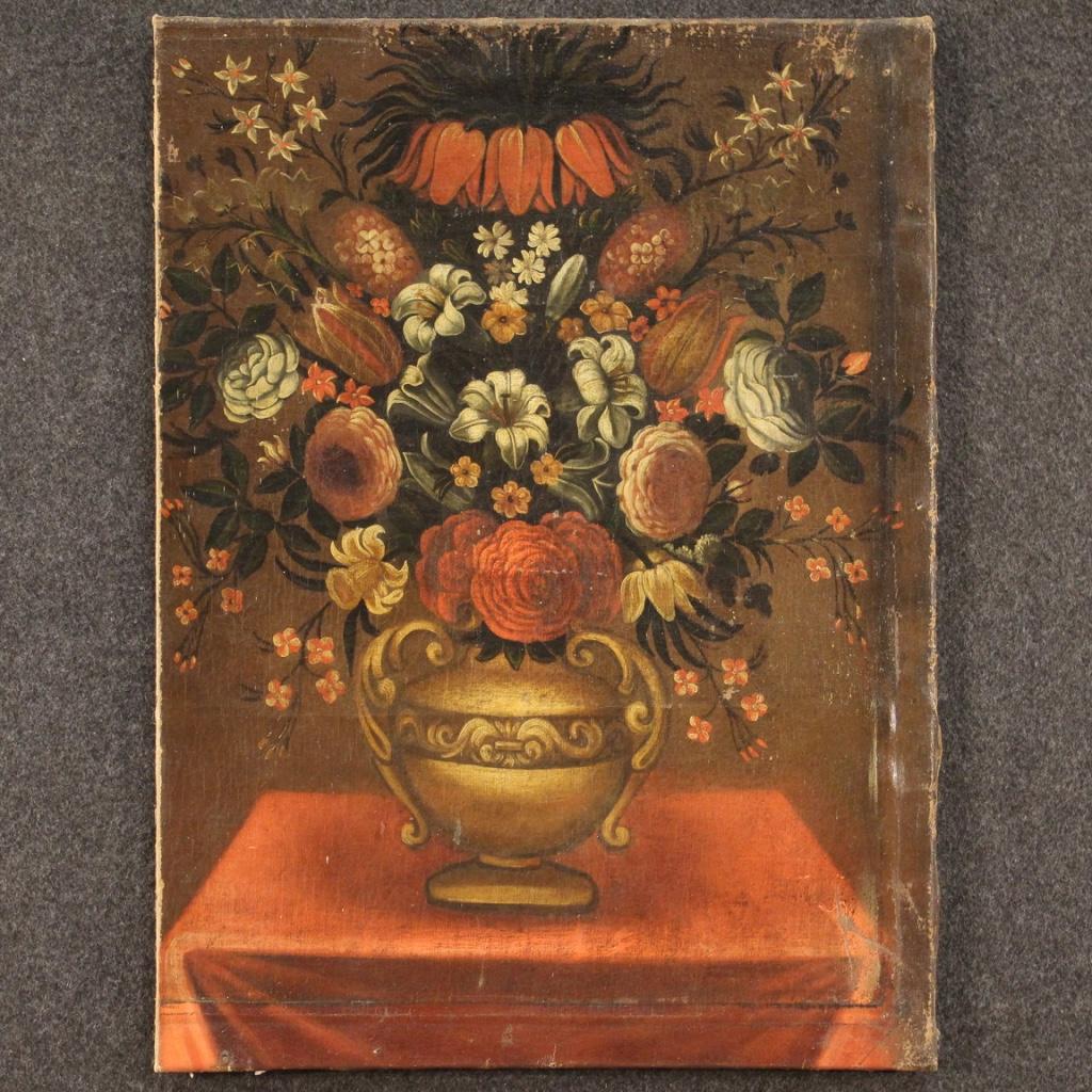 Antique Italian painting from the late 17th century. Framework oil on canvas depicting still life Vase with flowers of good pictorial quality. Painting of beautiful size and proportion for antique dealers, interior decorators and collectors of