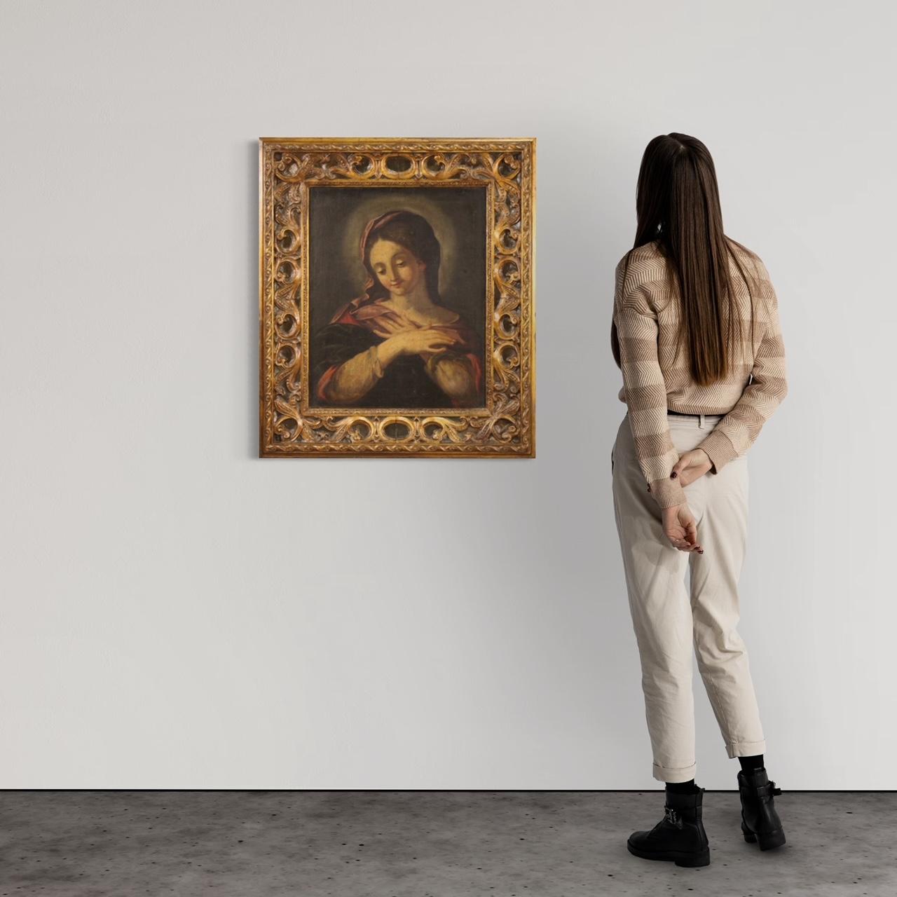 17th Century Oil on Canvas Antique Religious Italian Painting Madonna, 1670 8