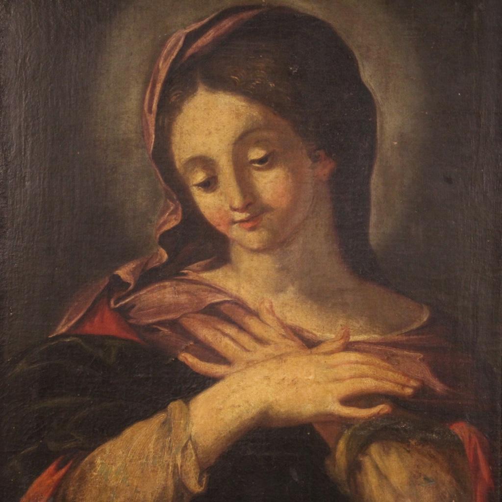 Antique Italian painting from the 17th century. Framework oil on canvas depicting a religious subject Madonna of good pictorial quality. Beautifully sized and pleasantly furnished framework adorned with a 20th century frame in wood and composite