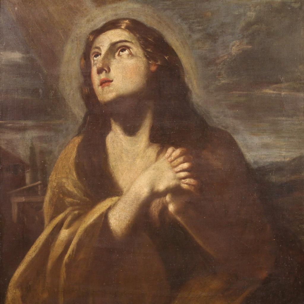 Toile huile sur toile du 17e siècle Peinture religieuse italienne ancienne Madeleine, 1680 en vente