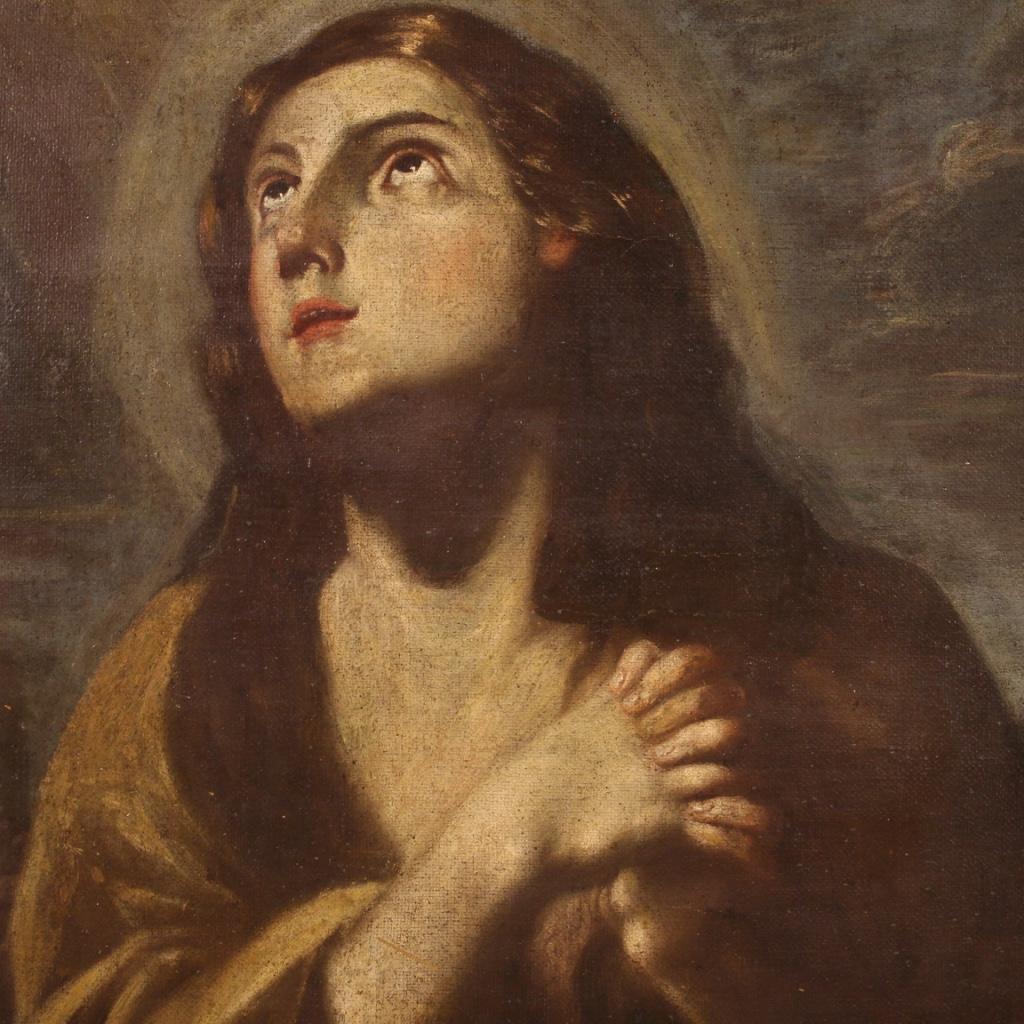 17th Century Oil on Canvas Antique Religious Italian Painting Magdalene, 1680 For Sale 5