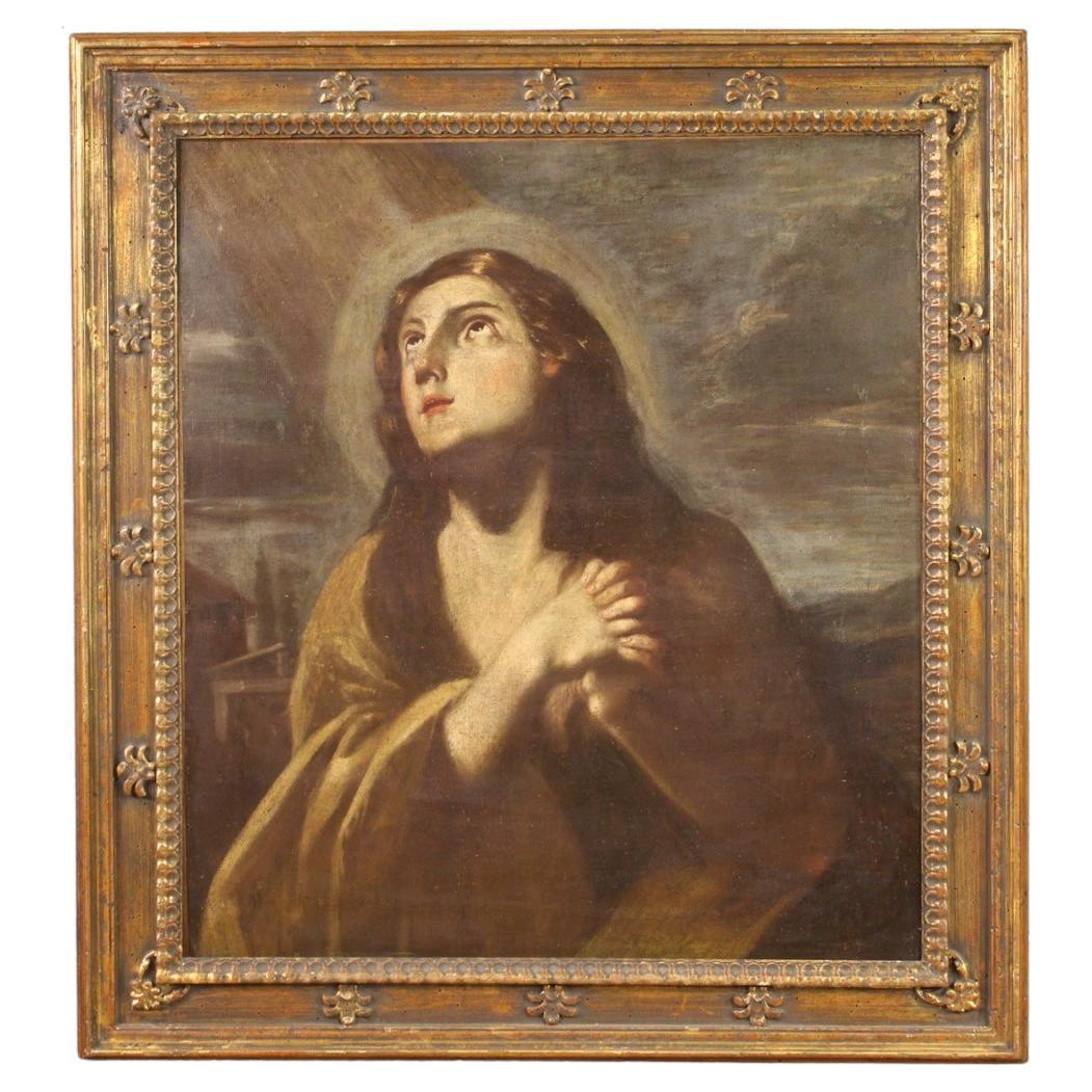 17th Century Oil on Canvas Antique Religious Italian Painting Magdalene, 1680 For Sale