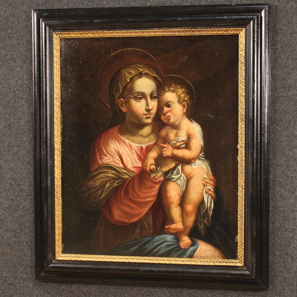 17th Century Oil on Canvas Antique Religious Italian Painting Virgin with Child 8